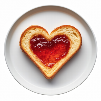 Heart-shaped toast with red strawberry jam on white plate isolated on transparent background png