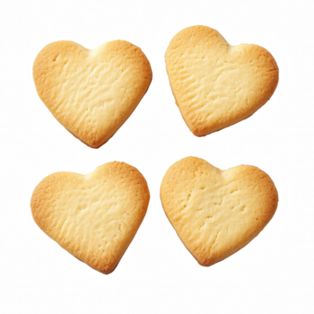 Four golden heart-shaped butter cookies isolated on transparent background png