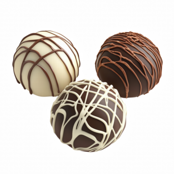 Three assorted chocolate truffles with decorative drizzled patterns isolated on transparent background png