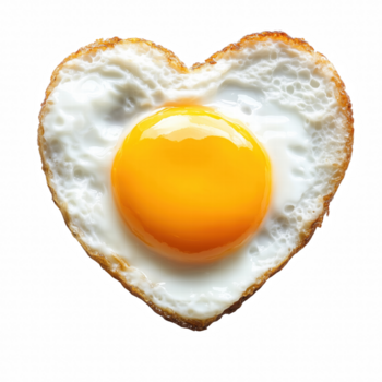 Heart shaped fried egg with bright yellow yolk isolated on transparent background. png