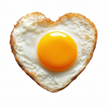 Heart shaped fried egg with bright yellow yolk isolated on transparent background png