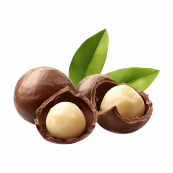 macadamia nötter med knäckt skal och grön löv, realistisk sammansättning isolerat på transparent bakgrund. png