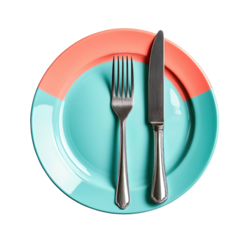 moderno color plato con tenedor y cuchillo, parte superior ver aislado en transparente antecedentes png