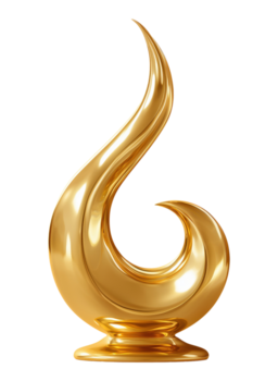 Abstract golden sculpture in elegant flowing flame or wave shape, isolated on transparent background png
