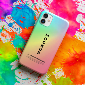 colorato astratto dipingere schizzare sfondo con un' moderno smartphone modello con un' pendenza Astuccio, Perfetto per design e Tech vetrine psd