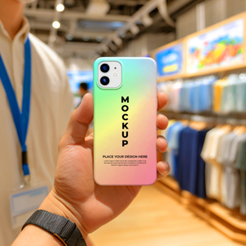 avvicinamento di un' persone mano Tenere un' smartphone con un' vivace pendenza Astuccio nel un' Al dettaglio ambiente psd