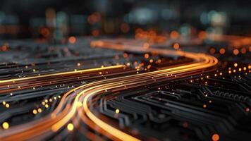 circuito tavola con raggiante tracce, tecnologia concetto evidenziazione dati flusso e connettività video