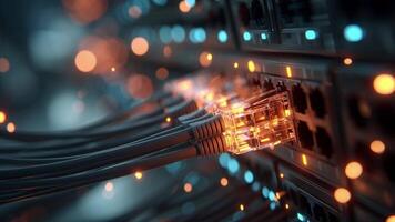 rede interruptor com obstruído cabos, transmitindo dados com Alto Rapidez e brilhando bokeh luzes video