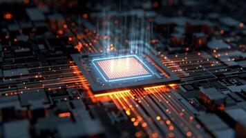 animerad mikrochip på krets styrelse med lysande data strömmar och energi pulser visualisering video