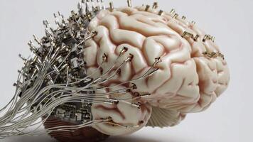 Brain connected with cables and technological implants representing neuroscience concept, video