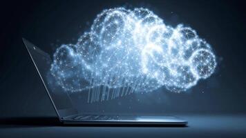 trogen moln datoranvändning data strömma animering på bärbar dator skärm, digital nätverk begrepp video