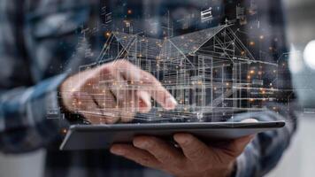 arkitektonisk design monter man interagera med 3d hus modell på läsplatta, visualisera framtida video