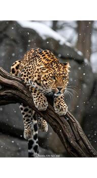Majestic Leopard Posing on a Tree Branch with Snow in the Background, Wildlife Portrait photo