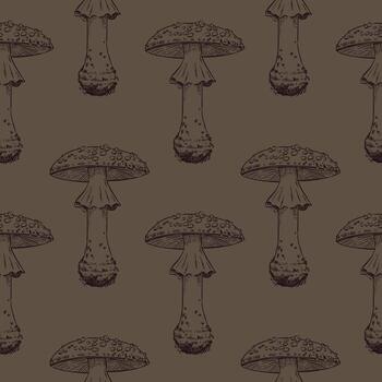 Seamless pattern of fly agaric mushrooms. All objects are hand-drawn in ink and converted into . The illustration is suitable for printing on kitchen textiles, product packaging, paper vector