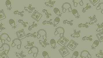 Abstract seamless pattern with various objects and shapes in a muted green palette. video