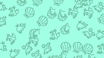 animerad ritad för hand skaldjur mönster med räka, krabbor, och skal flytande på en mynta bakgrund. video