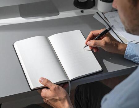 Writing in Notebook Man with Pen, Blank Pages, Copy Space, mockup photo