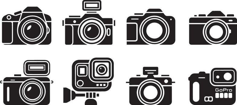 Simple black silhouette camera symbols for web, mobile, and design projects. vector