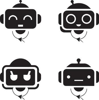Chatbot avatar variety, diverse robotic expressions, communication symbols. vector