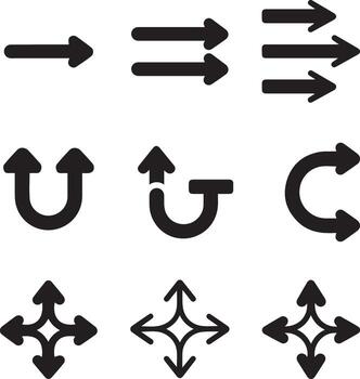 Different styles of thick arrow glyphs, movement indicators. vector
