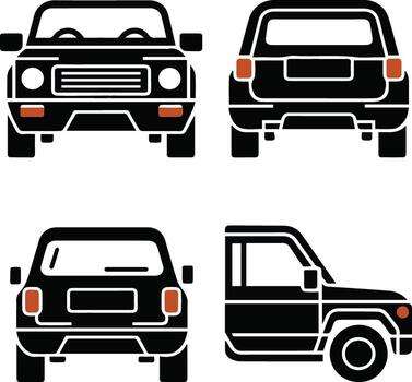 Stylized black icons of vehicles from the front and back views. vector