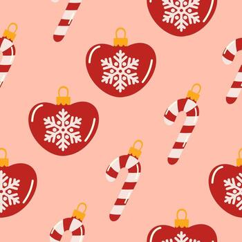 sin costura modelo con Navidad árbol decoraciones, rojo corazón con copo de nieve y caramelo caña. invierno festivo invierno antecedentes vector