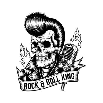 Rock and Roll King Skull with Microphone and Flames Illustration. vector