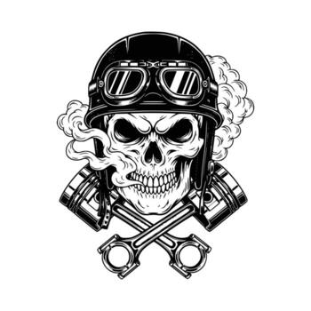 Skull Biker with Helmet and Pistons A Symbol of Rebellion and Speed. vector