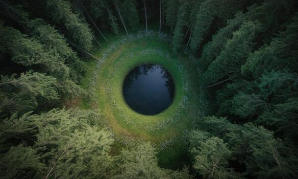 Aerial view of a circular forest clearing with a dark pond resembling an eye in dense evergreen trees photo