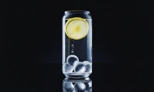 Crystal clear sparkling water in a glass can with fresh lemon slice and ice spheres photo