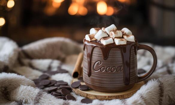 Steaming hot cocoa in a rustic ceramic mug, topped with melting marshmallows and chocolate drizzle photo