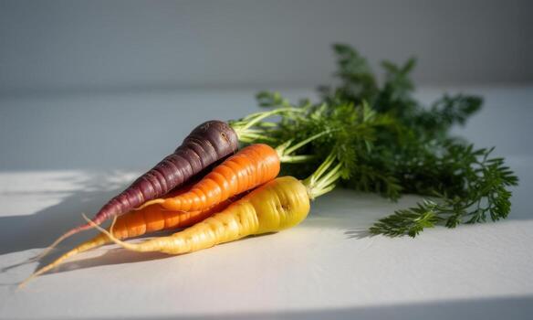 Freshly harvested multi colored carrots with green tops on a white surface photo