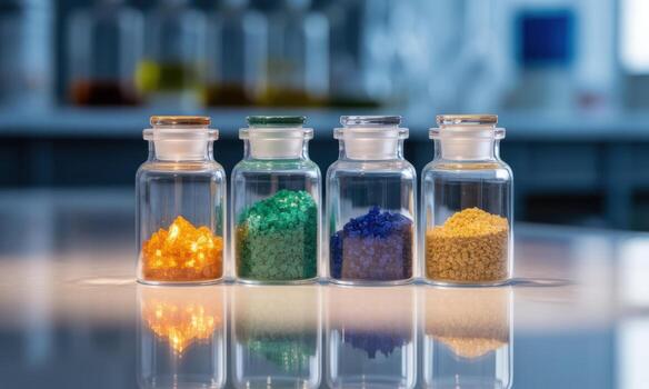 Four clear glass vials filled with vibrant multicolored granular chemical compounds in a lab photo