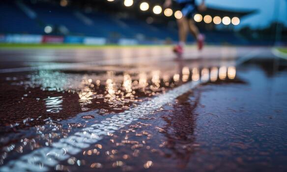 Wet running track surface with vibrant light reflections and blurred runner at a stadium photo