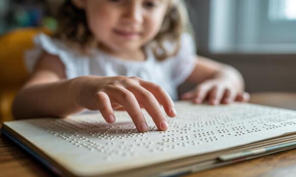 Close up of a young child hand reading a braille book, emphasizing tactile learning photo