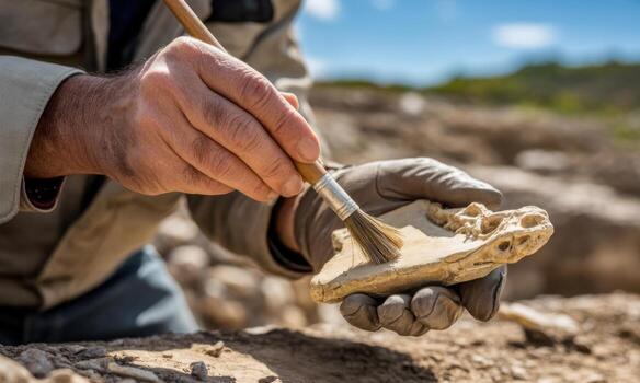 paleontólogo enguantado manos meticulosamente cepillado un fósil hueso a un excavación sitio. foto