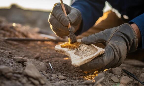 cerca arriba de un paleontólogo enguantado manos meticulosamente cepillado lejos sedimento desde un fósil foto