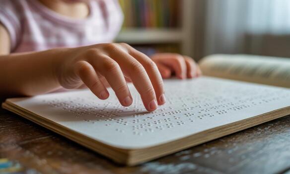 Close up of a child hand reading a braille book, emphasizing tactile learning and accessibility photo