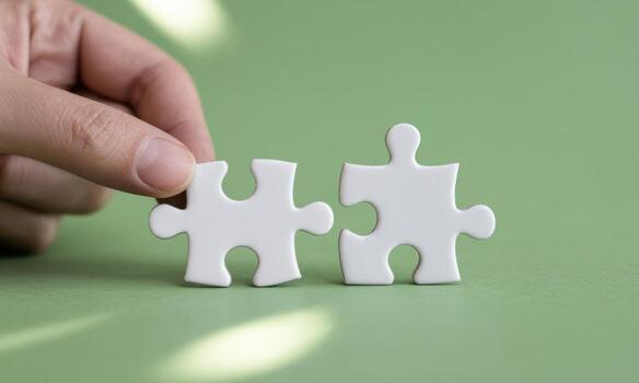 Hand connecting white jigsaw puzzle pieces on green, symbolizing solution and teamwork photo