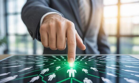 Businessman hand touching glowing digital interface, connecting people in a network concept photo