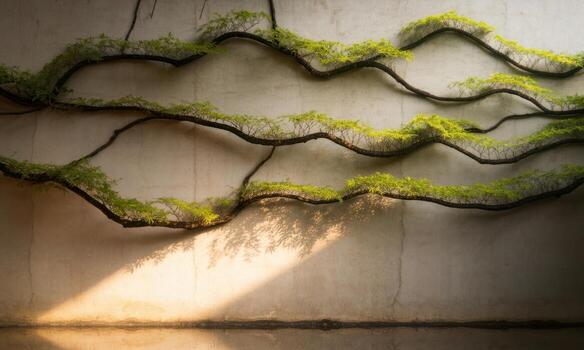 Organic intertwined branches with green leaves on a textured wall with sunlight and shadows photo