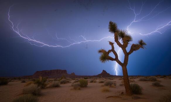 Powerful lightning storm illuminates a vast desert landscape with a prominent joshua tree at night photo