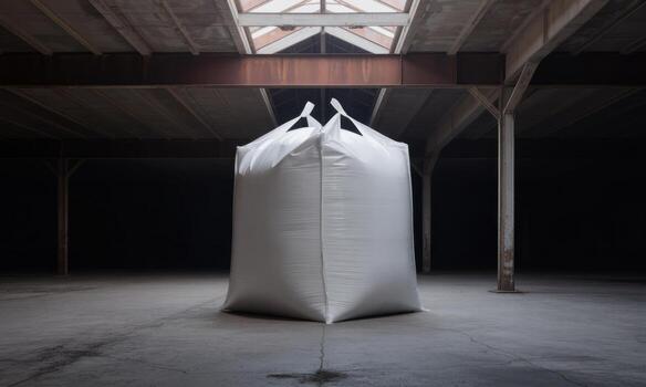 Massive white woven polypropylene bulk bag FIBC in a dark industrial warehouse setting photo