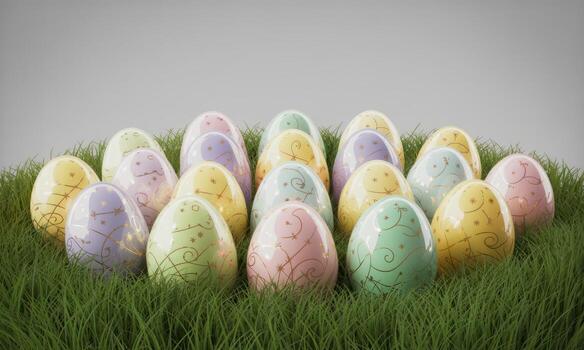 lustroso pastel Pascua de Resurrección huevos con dorado patrones anidado en vibrante verde césped foto