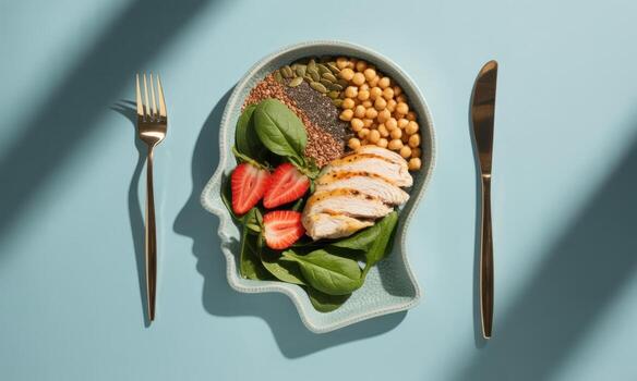 Balanced diet for brain health with chicken, vegetables, and seeds on a head plate photo