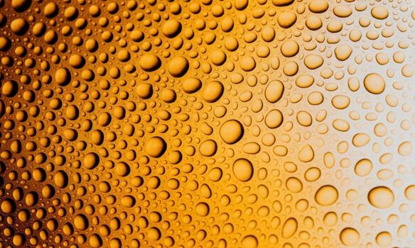 Macro photograph of numerous golden water droplets covering a translucent surface with textured pattern photo