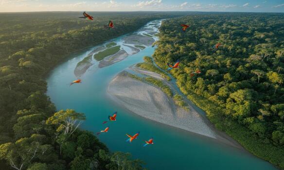 Aerial view of a winding turquoise river flowing through a dense rainforest with colorful macaws flying photo