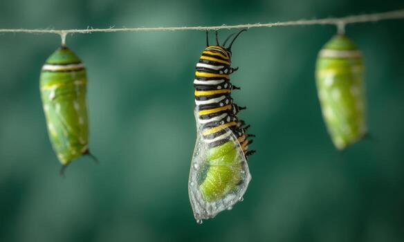 Monarch caterpillar transforming into a chrysalis, hanging upside down on a string photo
