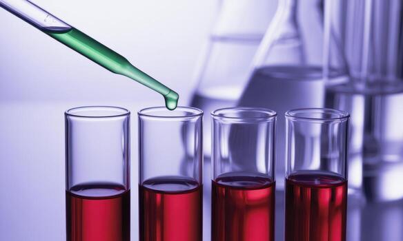Scientific pipette dispensing green liquid into test tube with red liquid in a laboratory photo