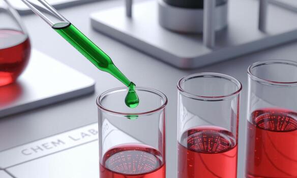 Pipette dispensing vibrant green liquid into a test tube during a scientific experiment photo